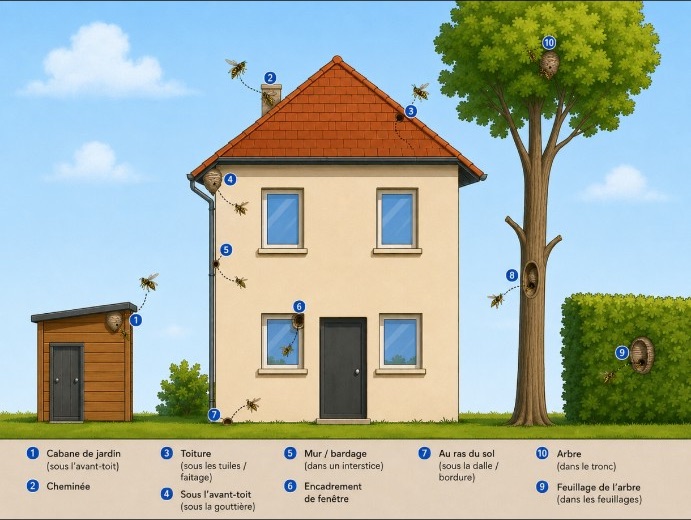 Schéma d'une maison montrant les dix emplacements habituels des nids de guêpes : cabane de jardin, cheminée, toiture, sous l'avant-toit, mur, encadrement de fenêtre, au ras du sol, tronc d'arbre, feuillage et haie
